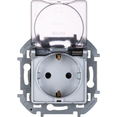 Механизм розетки 1-м СП Inspiria 16А IP44 250В 2P+E защ. шторки с крышкой немецк. стандарт алюм. Leg 673742