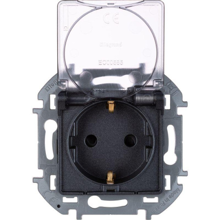 Механизм розетки 1-м СП Inspiria 16А IP44 250В 2P+E защ. шторки с крышкой немецк. стандарт антрацит Leg 673743