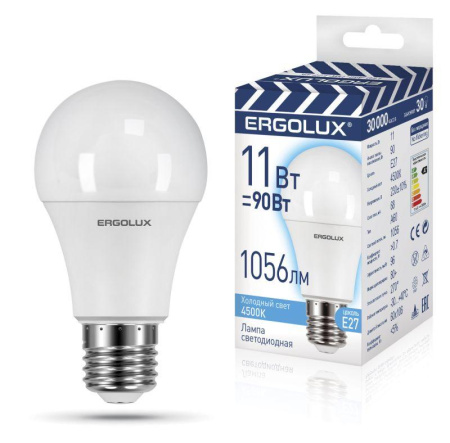 Лампа светодиодная LED-A60-11W-E27-4K ЛОН 11Вт Е27 4500К 220-240В ПРОМО Ergolux 14459
